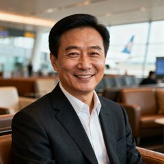 一位四十岁左右的中国商务男士正面半身照，穿着深色西装，面带微笑，背景为虚化的机场贵宾厅环境