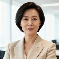 一位三十五岁左右的中国商务女性半身照，穿着米色西装外套，短发干练，背景为明亮的办公环境